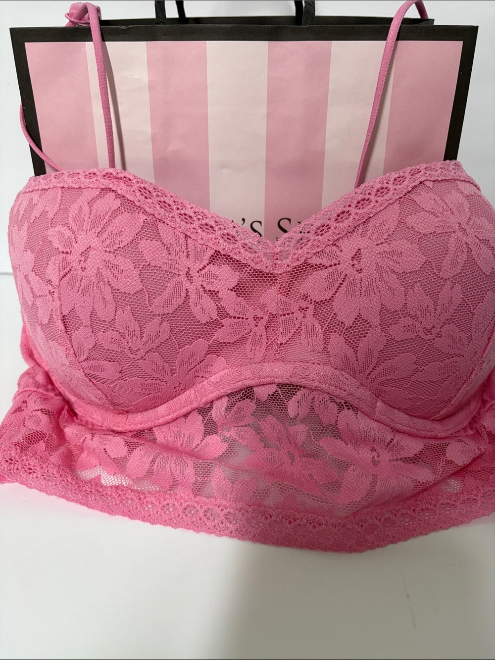 PINK Victoria's Secret Hot Pink Floral Lace Longline Bralette - Picture 2 of 7